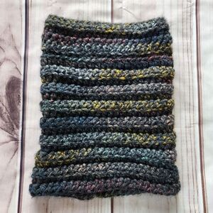 Handmade Chunky Knit Cowl Infinity Scarf Gaiter Grey Rainbow Multicolor Handknit